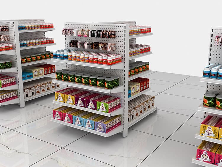 Double-Sided Grocery Shelving with Perforated Back Panel