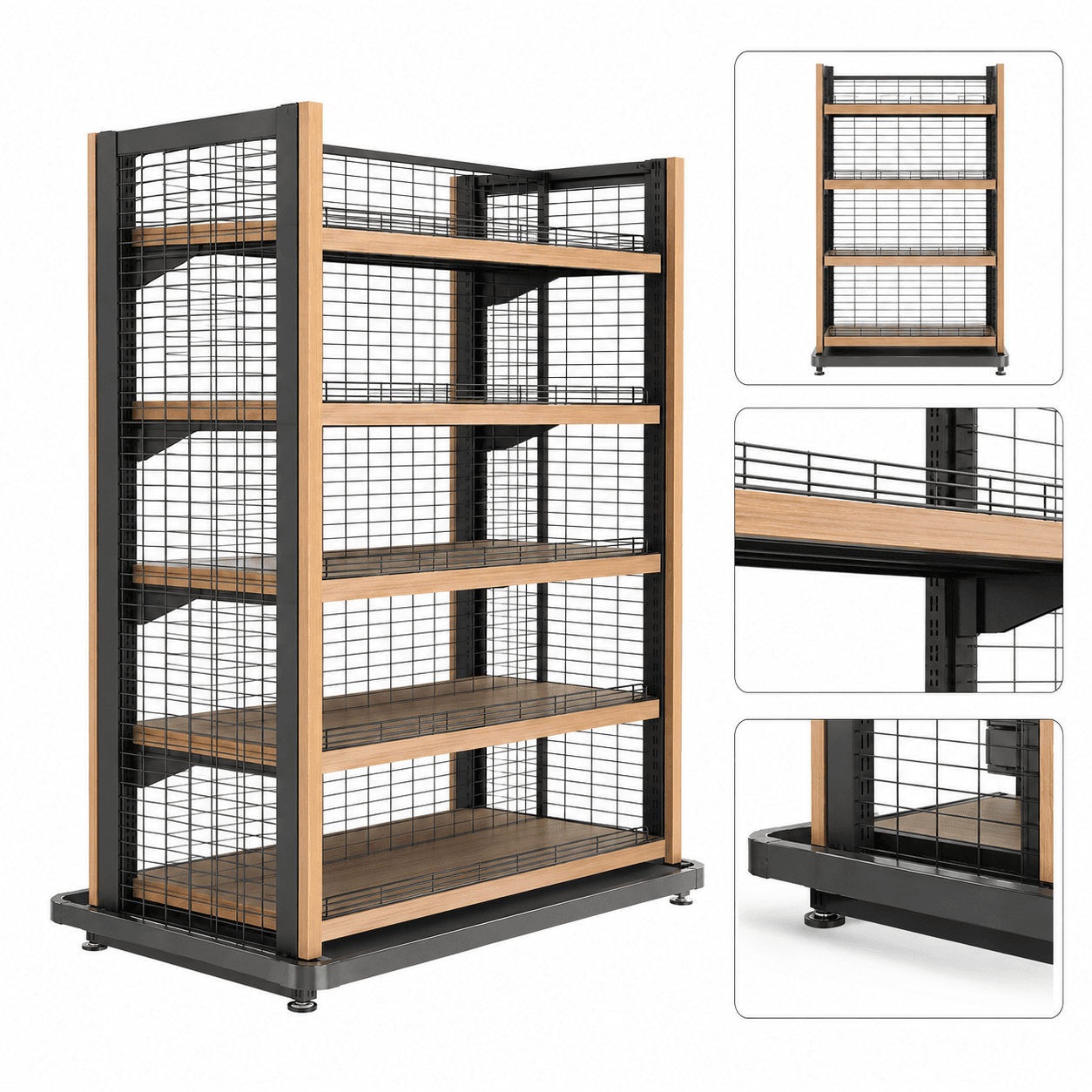 OEM Wire Mesh Display Rack with Wooden Finish
