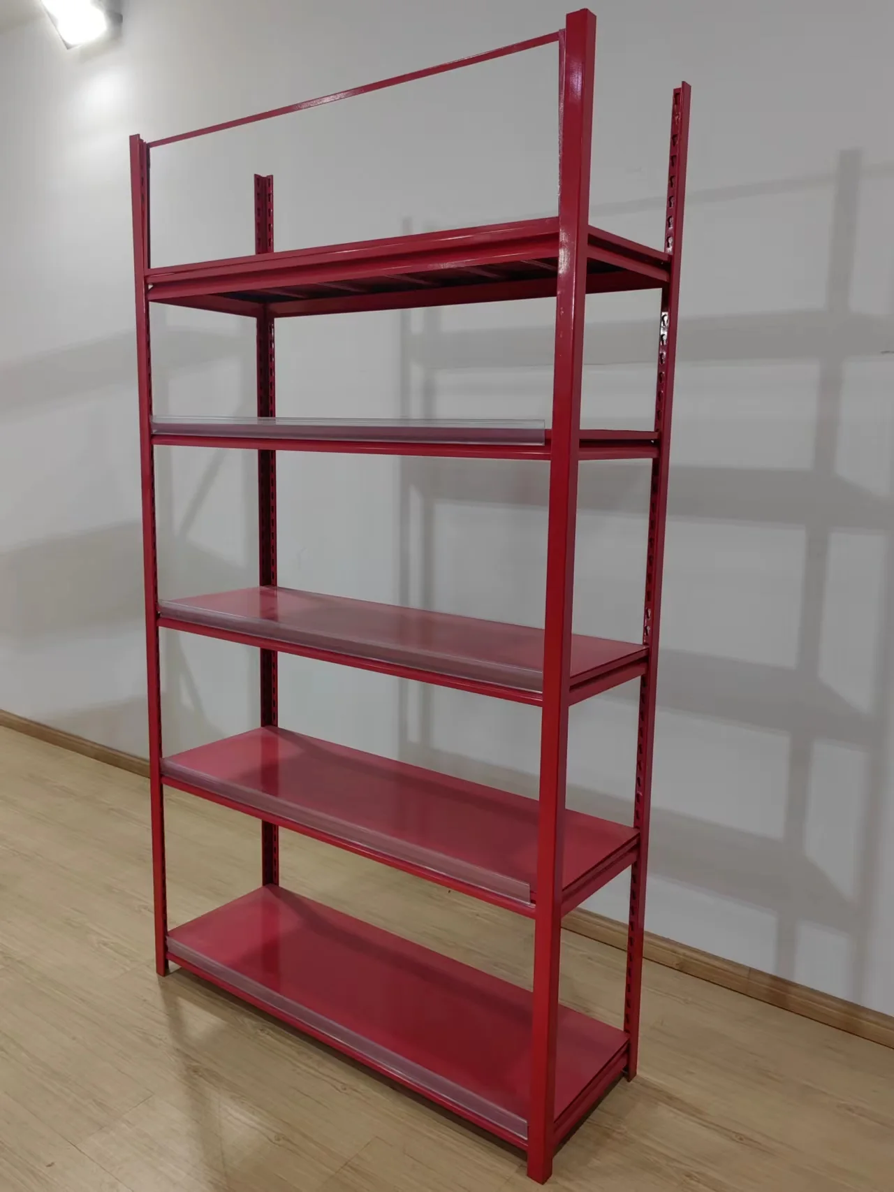 Red angle steel shelving
